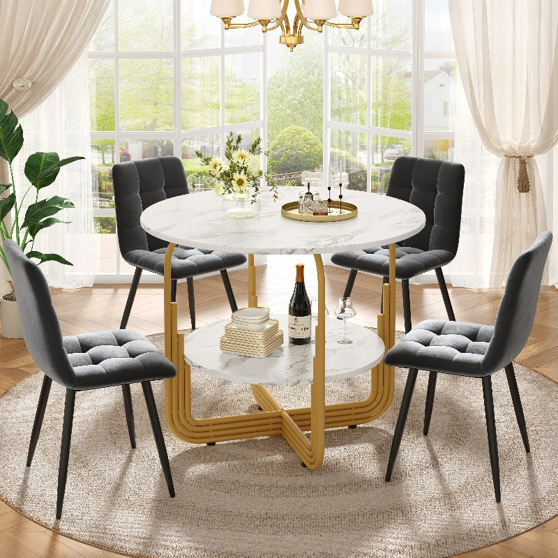 Eettafel Set – Dining Table Set – Tafel En Stoelen – Ronde Eettafel – Tafeltje Met Stoelen – 5-Delig – MDF Marmeren Blad – Gouden Metalen Poten