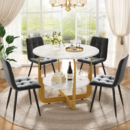 Eettafel Set – Dining Table Set – Tafel En Stoelen – Ronde Eettafel – Tafeltje Met Stoelen – 5-Delig – MDF Marmeren Blad – Gouden Metalen Poten