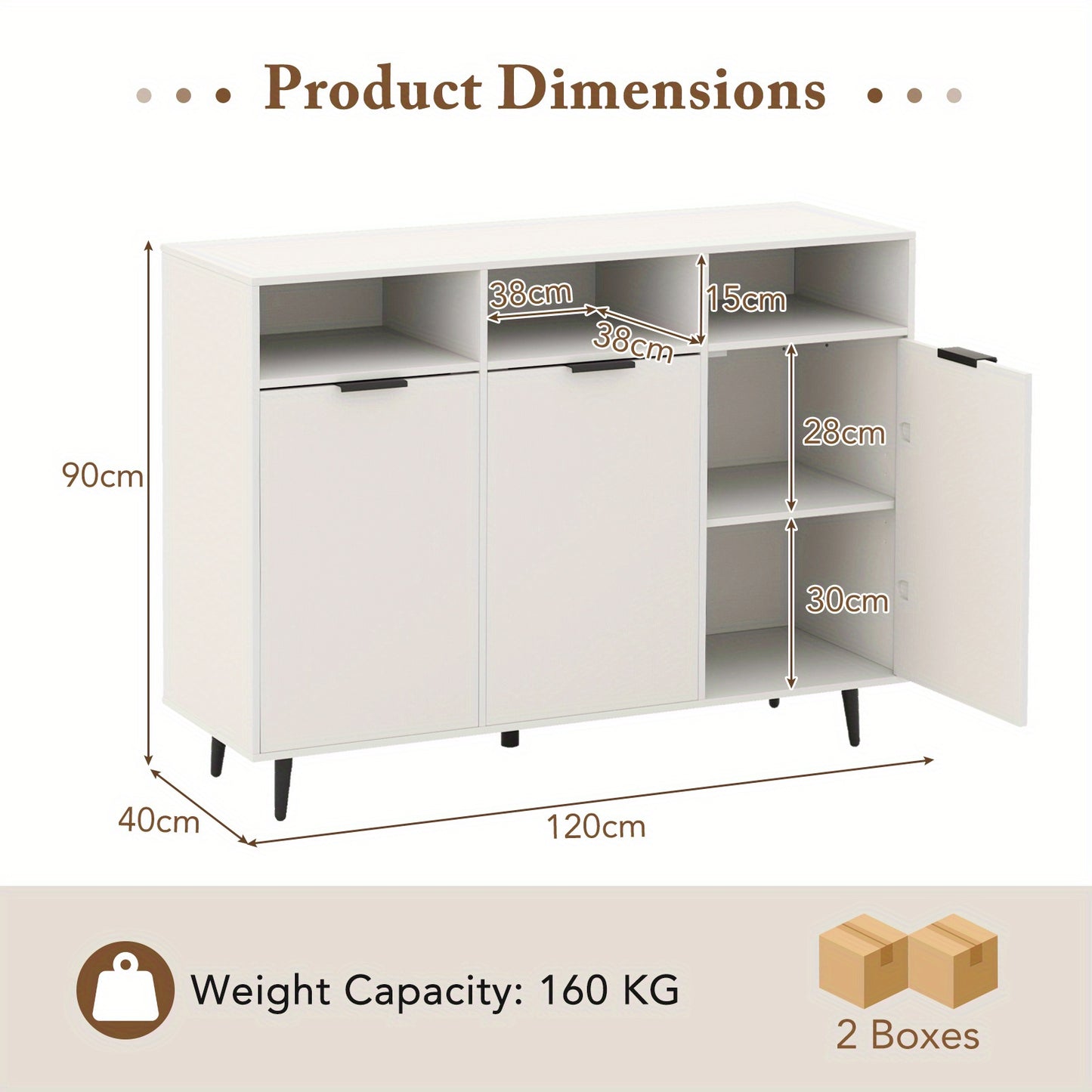 Dressoir – Sideboard – Buffetkast – Opbergkast – Ladekast – Modern Wit Design – 5 Verstelbare Planken & Anti-Kantelbeveiliging – Stevig MDF Metalen Poten 120x40x90 cm