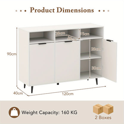 Dressoir – Sideboard – Buffetkast – Opbergkast – Ladekast – Modern Wit Design – 5 Verstelbare Planken & Anti-Kantelbeveiliging – Stevig MDF Metalen Poten 120x40x90 cm