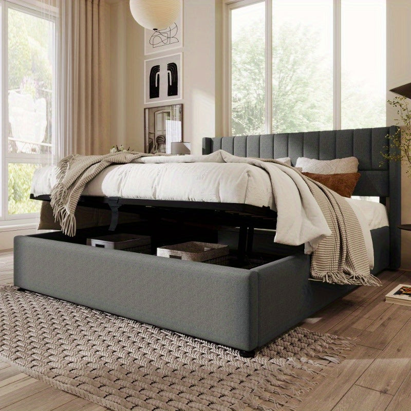 Tweepersoonsbed – 2-Persoonsbed – Bedframe – Bed – Slaapbed – Verstelbare Hoogte – Dubbele Laag Opbergruimte – 140x200 cm – Grijze Linnen Bekleding