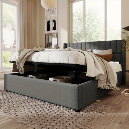 Tweepersoonsbed – 2-Persoonsbed – Bedframe – Bed – Slaapbed – Verstelbare Hoogte – Dubbele Laag Opbergruimte – 140x200 cm – Grijze Linnen Bekleding
