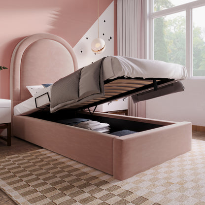 Eenpersoonsbed – Eenpersoonsbedframe – Kinderbed – Jeugdbed – Logeerbed – Vintage Fluwelen Gestoffeerd – Opbergruimte – 90x200 cm – Zonder Matras – Pastelroze – Eenvoudige Montage