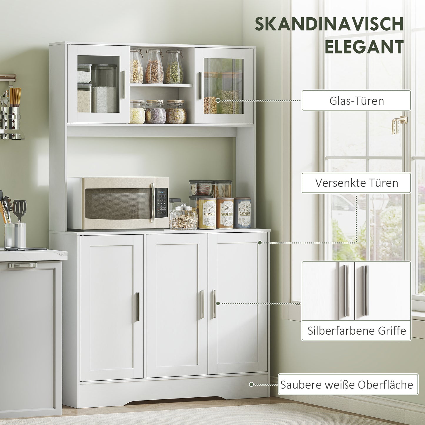 Keukenkast – Keukenkastje – Dressoir – Opbergkast – Kast – Wit – Scandinavisch Design – 4 Ruime Kasten – Verstelbare Planken met Glazen Deuren