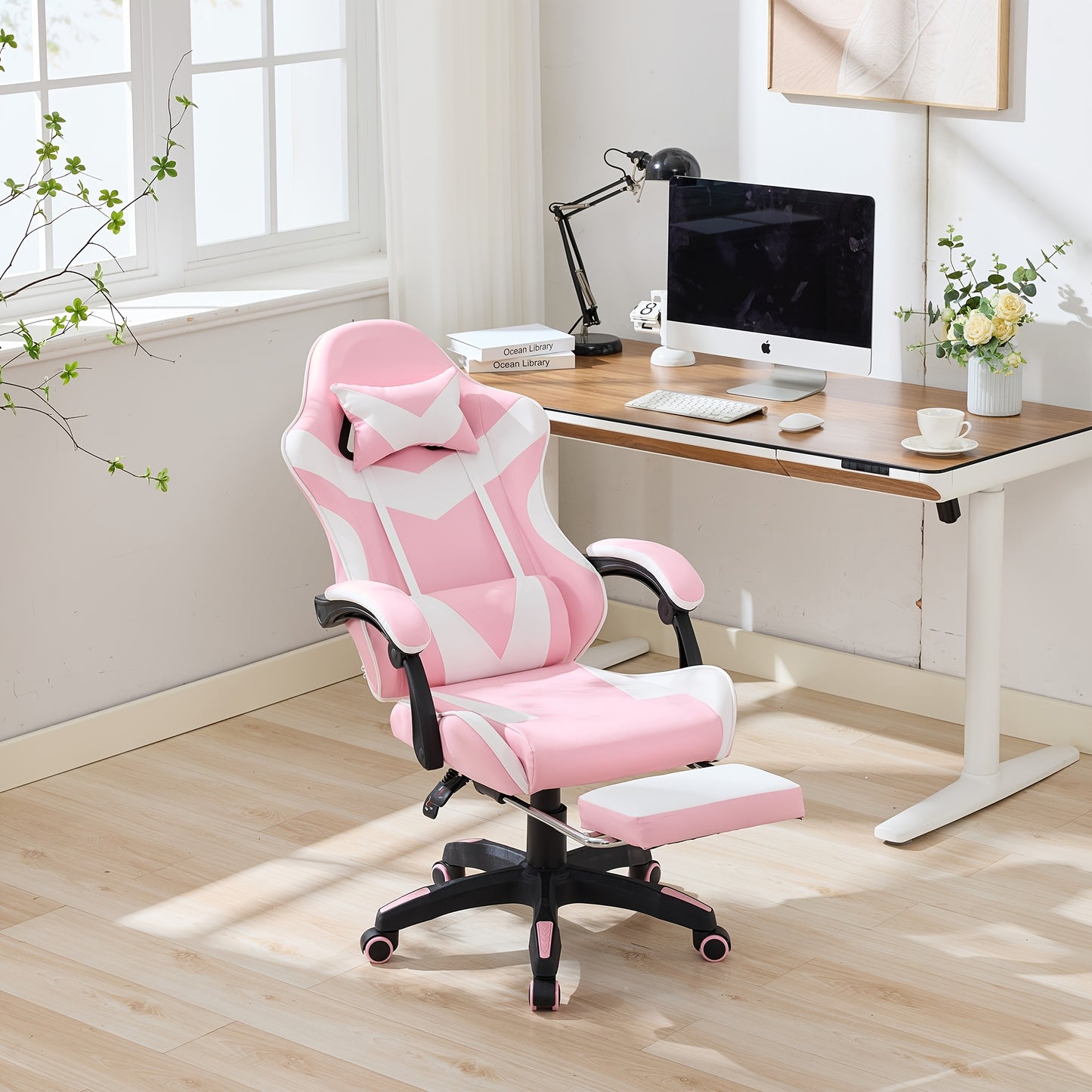 360° Rotating Racing  Design Lounge Chair, Gaming Chair, High-back Office Chair, Height Adjustable, with Wheels, Footrest, Headrest And Lumbar Support.