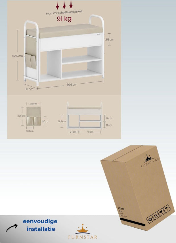 Schoenenbank met zitvlak - schoenenrek - zitbank met opbergruimte onder het deksel - PU-organizer - handgrepen - voor hal - woonkamer - slaapkamer - wolkenwit + cappuccinobeige