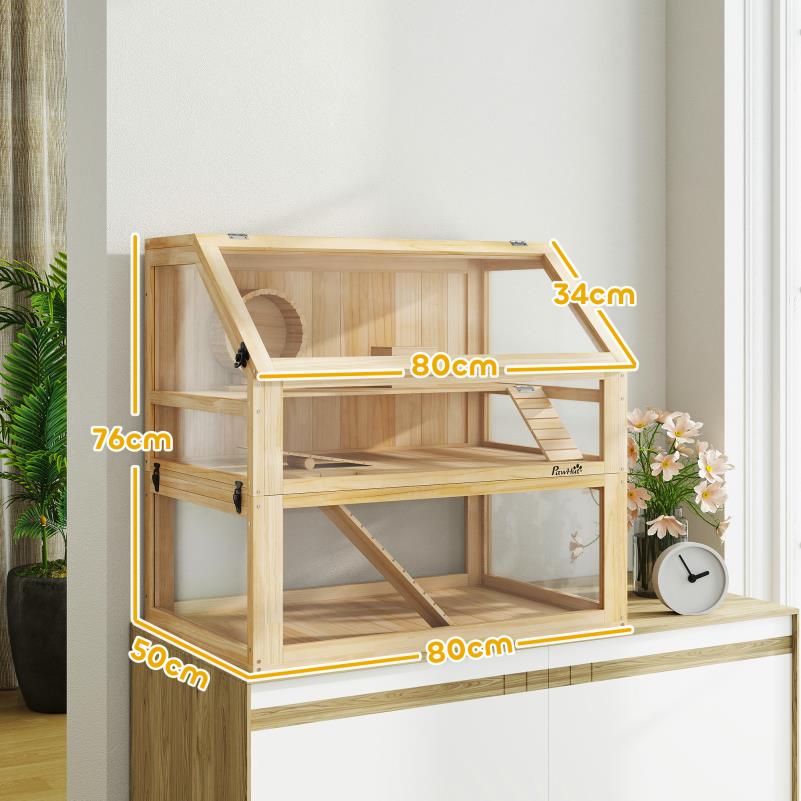 Knaagdierkooi – Hamsterkooi – Gerbilkooi – Muizenkooi – Chinchillakooi – 3-laags Houten Kooi – Ruim Met Loophelling – Natuurlijke Materialen – Goede Ventilatie