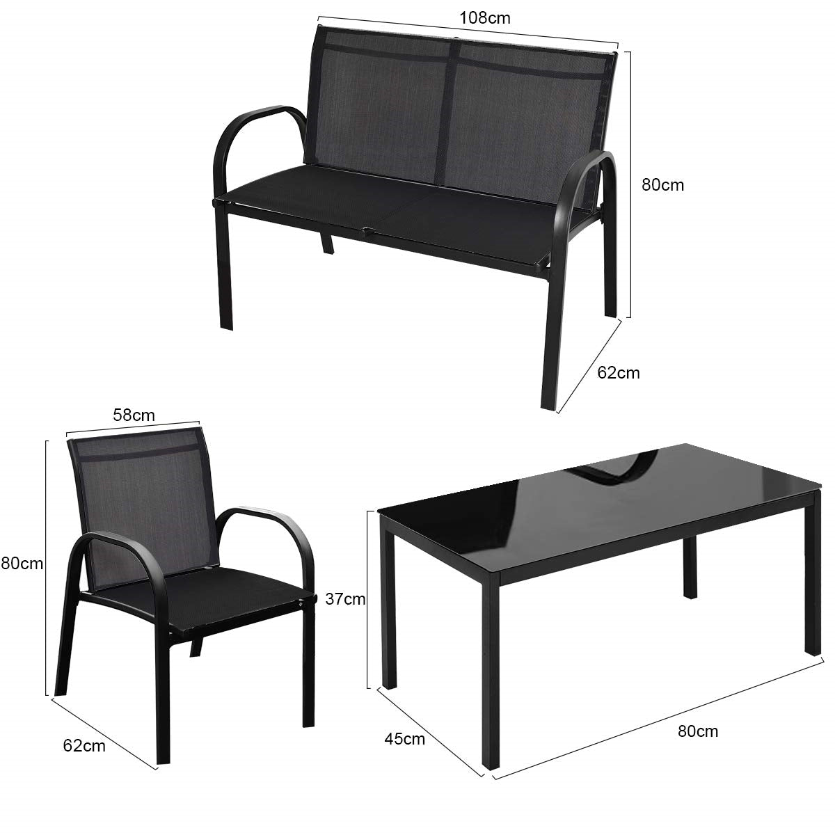 Tuinset 4-delig – Tuinmeubelset – Loungeset – Balkonset – Terrasmeubels – Zwart – Gehard Glas Tafelblad – Comfortabele Mesh Stoelen