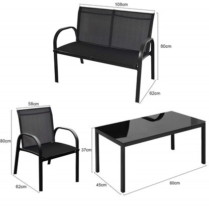 Tuinset 4-delig – Tuinmeubelset – Loungeset – Balkonset – Terrasmeubels – Zwart – Gehard Glas Tafelblad – Comfortabele Mesh Stoelen