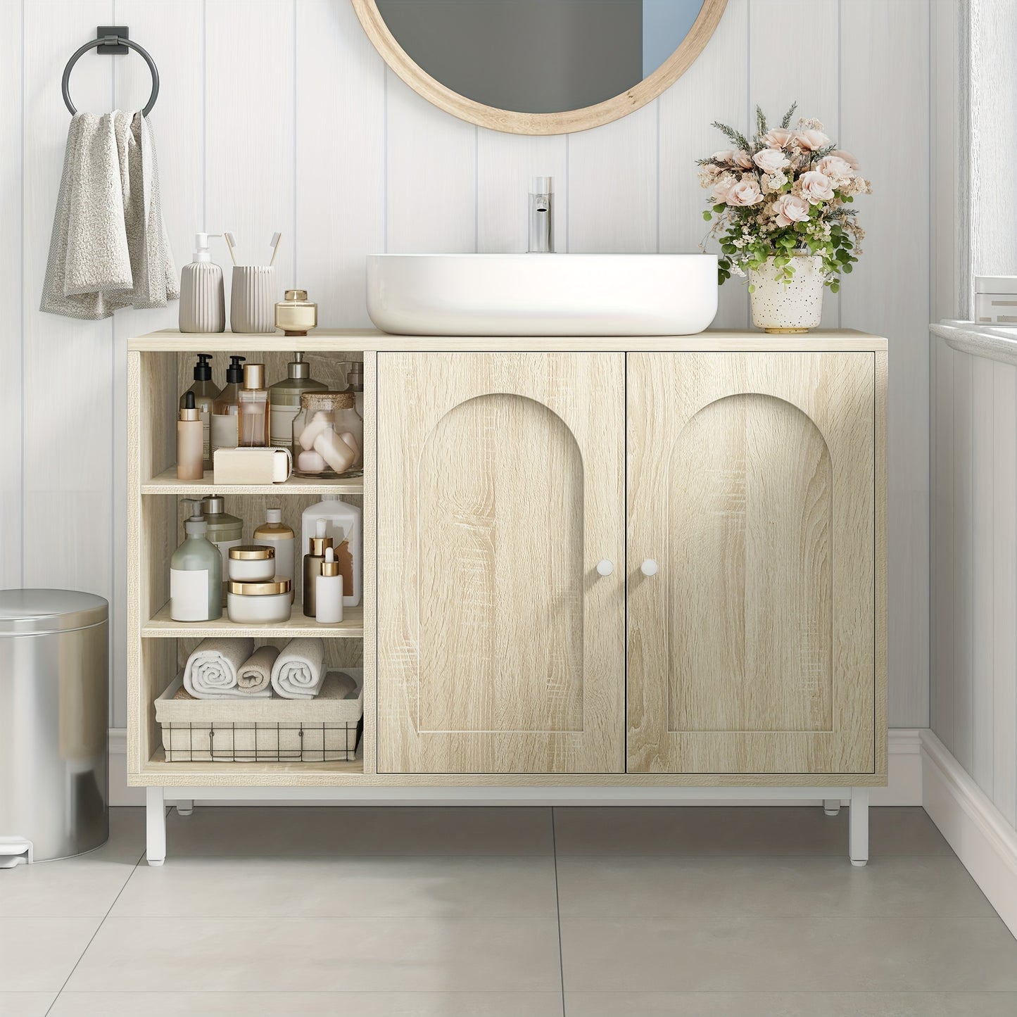 Badkamermeubel – Badkamerkast – Onderkast – Wastafelmeubel – Toiletmeubel – Licht Eiken – 2 Deuren Met Verstelbare Planken – Vochtbestendig P2 MDF Met Metalen Poten