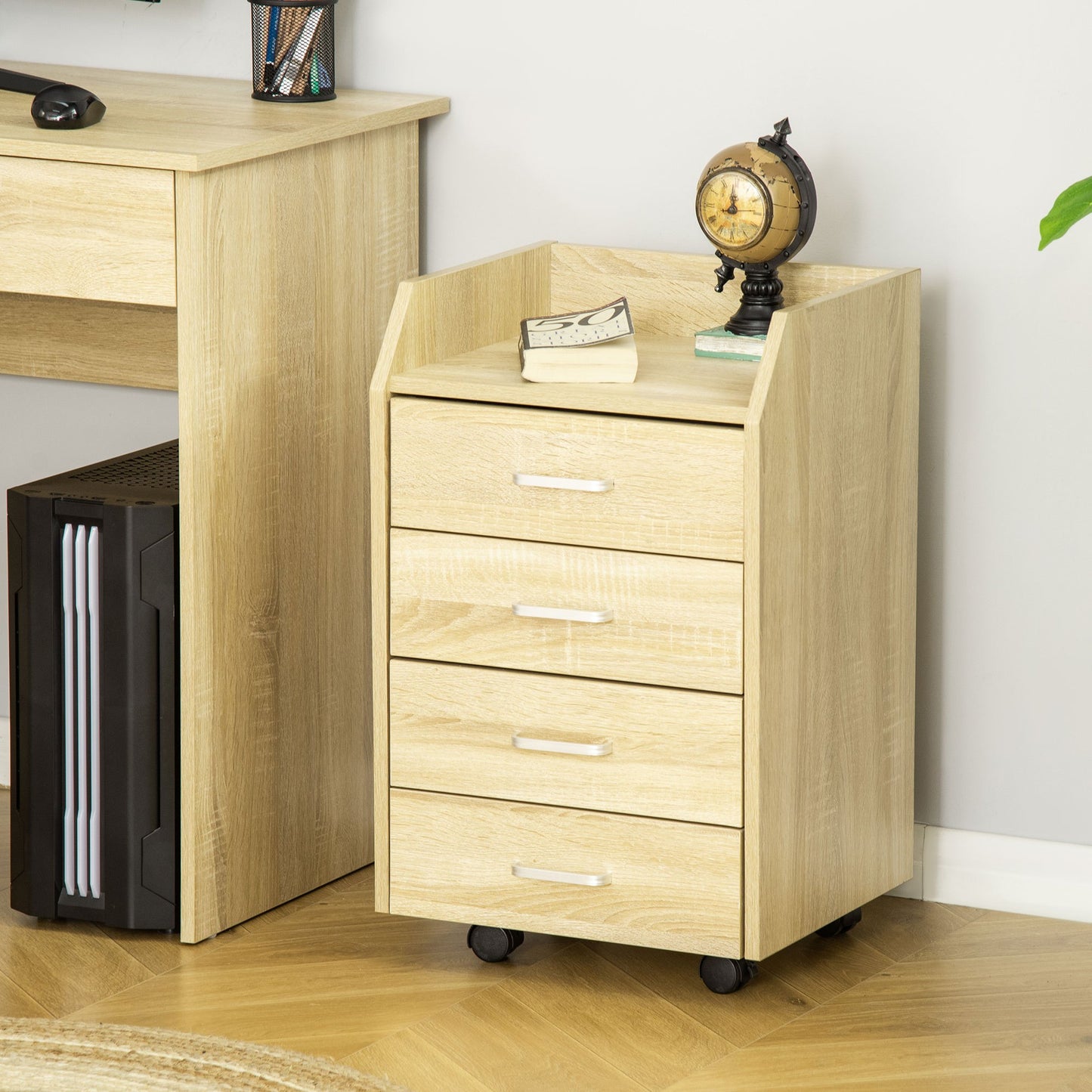 Ladeblok – Ladekast – Opbergkast – Rolcontainer – Bureaukast – 4 Lades – MDF en Spaanplaat – Mobiel met Wieltjes – 40x36x65 cm – Natuurlijke Houtkleur