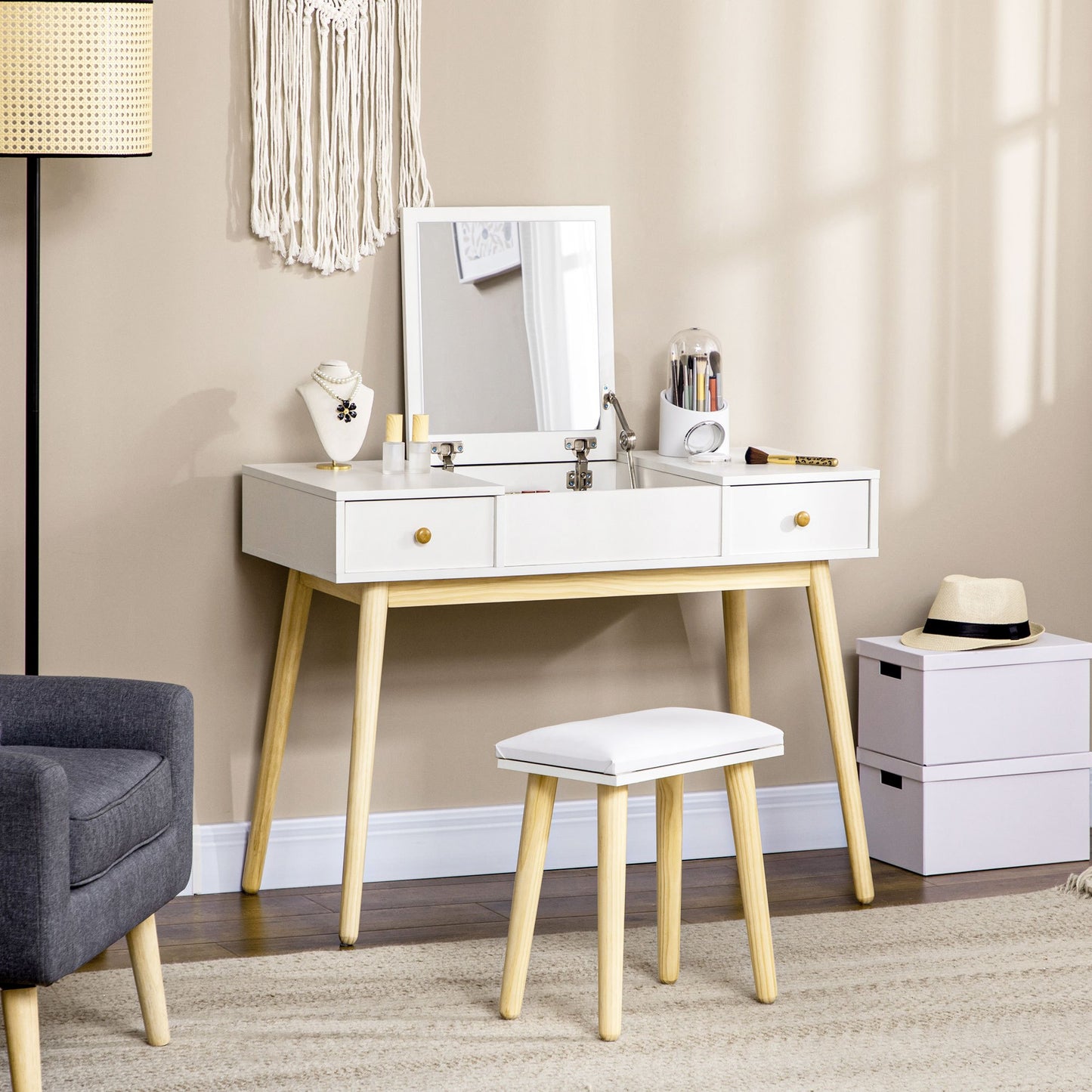 Kaptafel – Make-uptafel – Schminktisch – Dressingtable – Sieradentafel – Inklapbare Spiegel – 2 Ruime Lades – Witte Scandinavische Stijl – Compact 100x45x118 cm