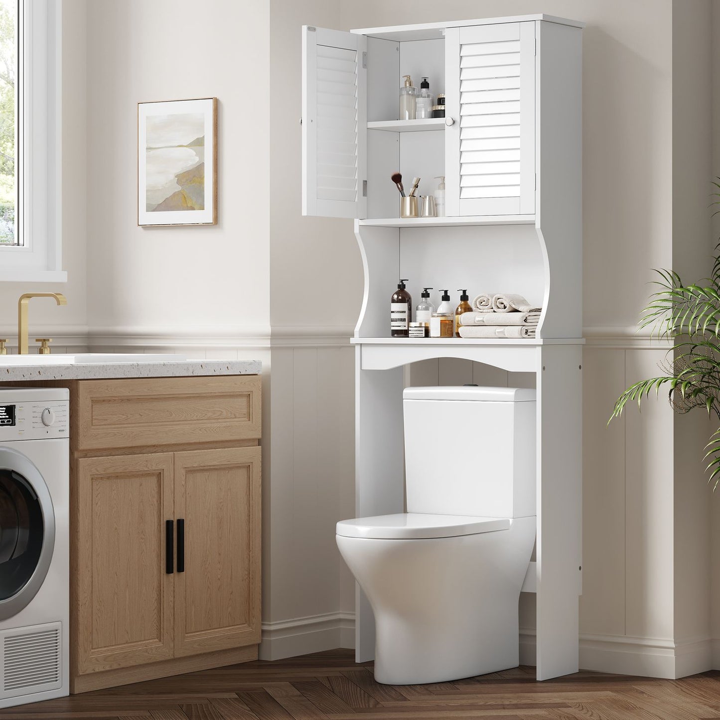 Badkamerkast boven toilet – Opbergkast – Toiletkast – Badkamermeubel – Wandkast – Wit hardhout – Verstelbare plank – Anti-kiepbeveiliging