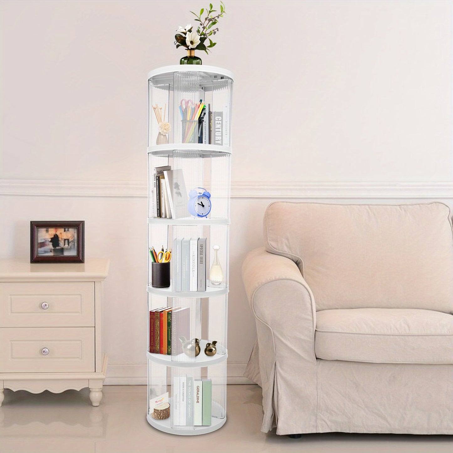 Draaibare Boekenkast – Rondebladkast – Boekenrek – Opbergkast – Draaisysteem – Modern Design – 5 Transparante Planken – Ruimtebesparend & Duurzaam ABS-PET