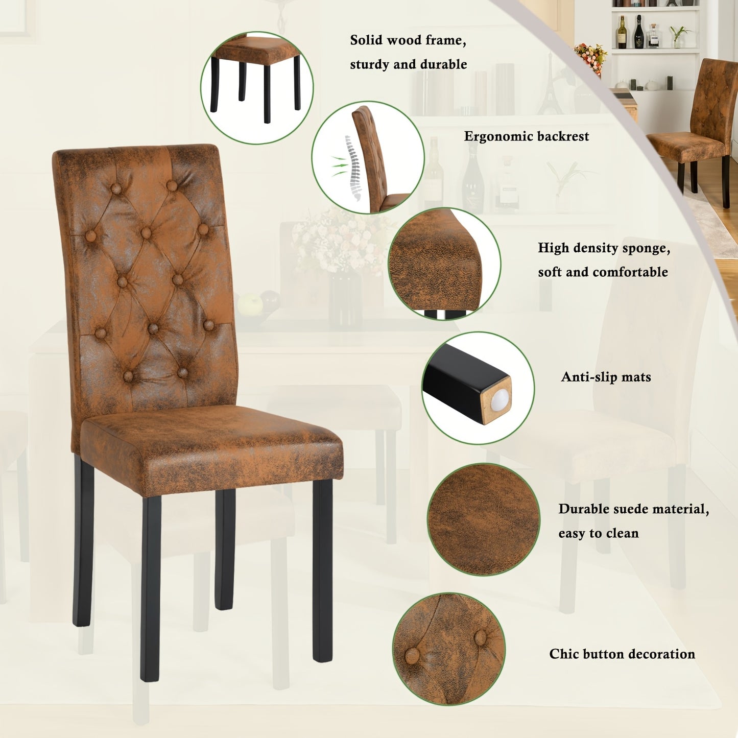 Eetkamerstoelen – Stoelen – Kuipstoelen – Keukenstoelen – Zitmeubels – Suède Bekleding Met Knopen – Stevig Houten Frame – Set Van 4 – Comfortabel Gevoerd