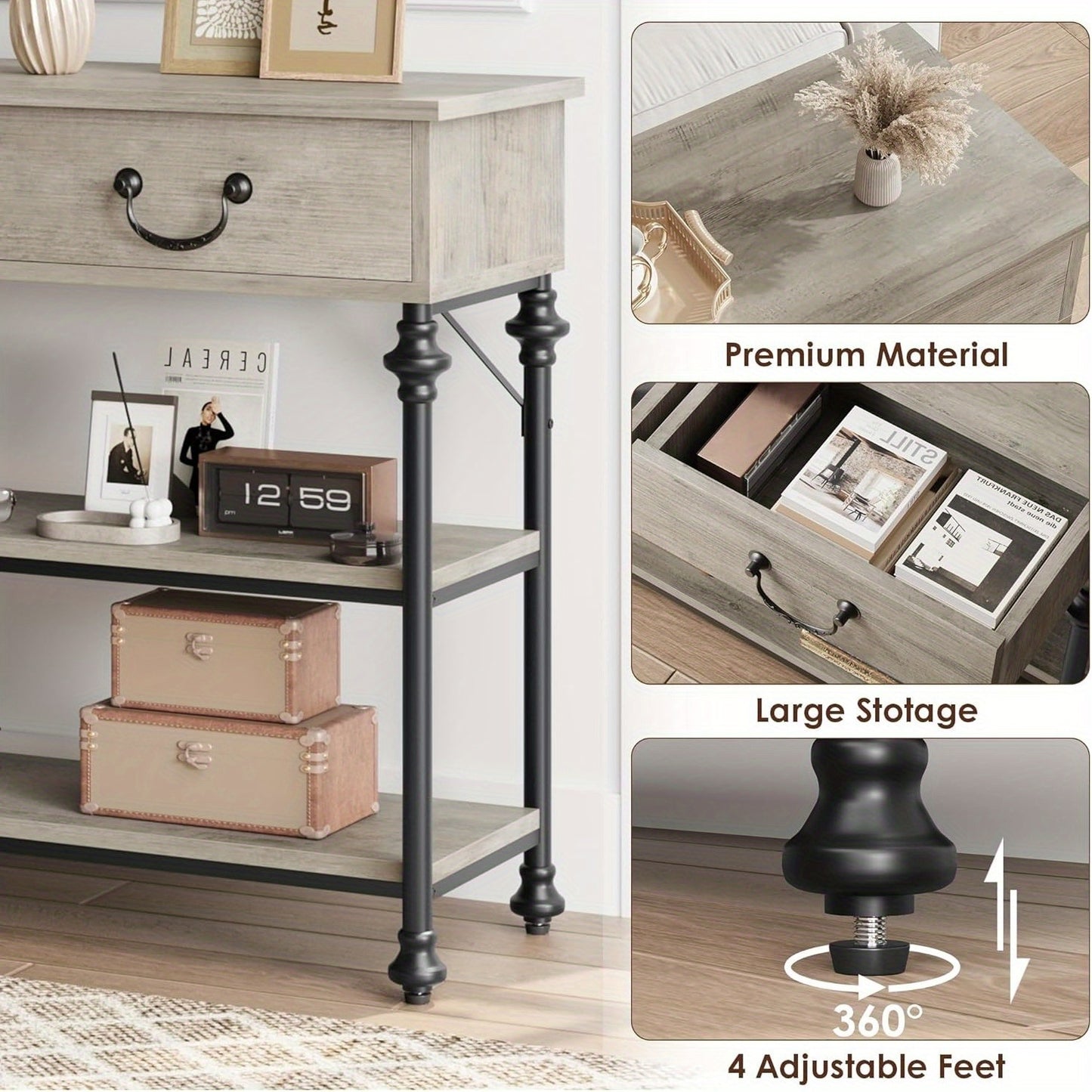 Sidetable – Wandtafel – Haltafel – Console Tafel – Bijzettafel – Smal Rustiek Grijs – Metaal Frame – 69 cm Hoogte
