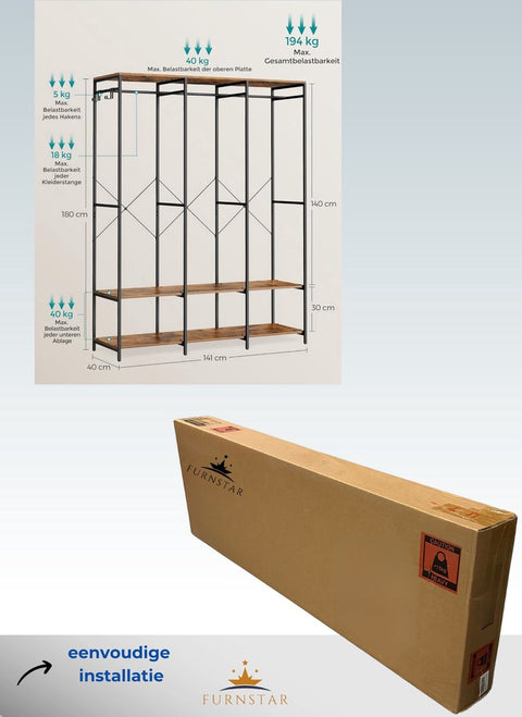 Kledinghangers - Kledingrek Metaal - Schoenenrek- Kledingkasten Slaapkamer - 40 x 141 x 180 cm - Kledingrek Vintage Bruin