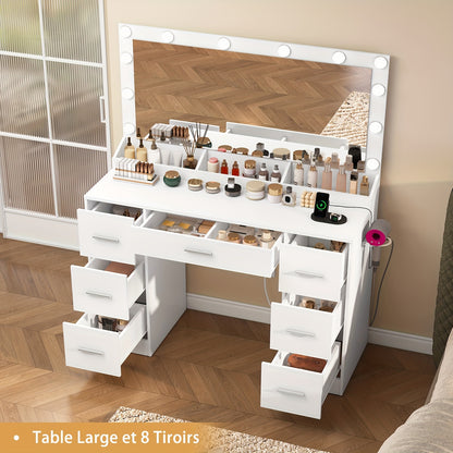 Make-uptafel – Make-uptafel – Visagietafel – Schoonheidstafel – Make-uptafel wit – Verlichte spiegel met 12 LED – Ingebouwd stopcontact en 7 lades