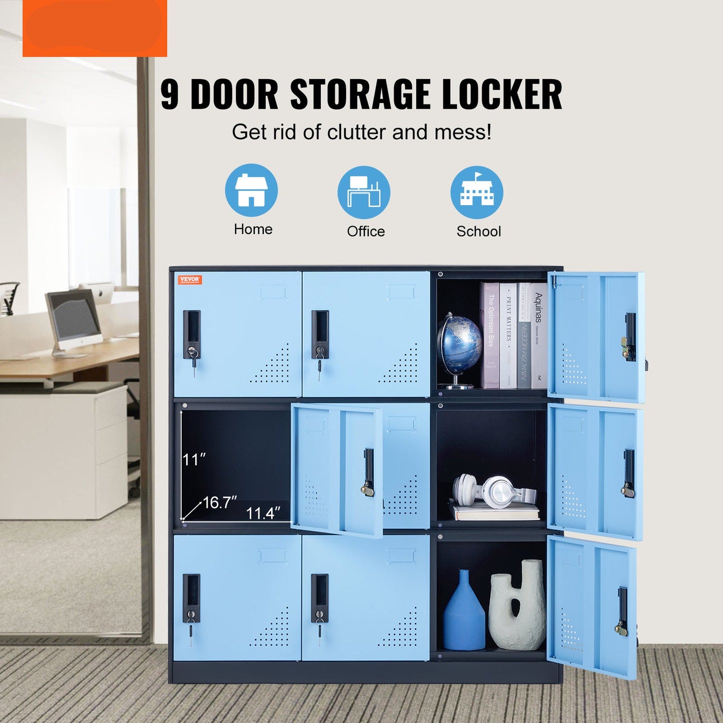 Lockerkast – Opbergkast – Kledingkast – Metalen Kast – Lockers – 9 Deuren Met Slot – Robuust Stalen Design 90x45x94 cm - Zwart-Blauw
