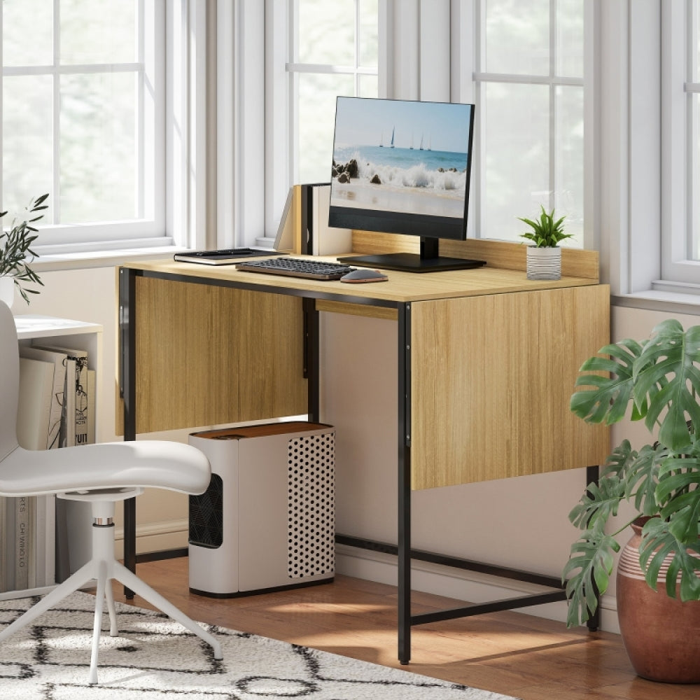 Bureaumeubel – Bureau – Computertafel – Bureautafel – Computerbureau – Inklapbaar Bureau – Met 2 Uitschuifbare Panelen – Stevig Metalen Onderstel – Ruime Werkoppervlakte – Compact & Ruimtebesparend – Eikenhout Zwart
