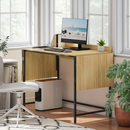 Bureaumeubel – Bureau – Computertafel – Bureautafel – Computerbureau – Inklapbaar Bureau – Met 2 Uitschuifbare Panelen – Stevig Metalen Onderstel – Ruime Werkoppervlakte – Compact & Ruimtebesparend – Eikenhout Zwart