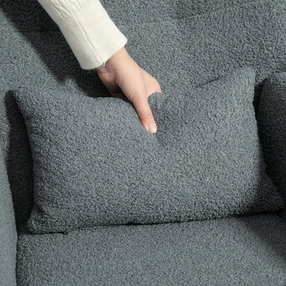 Schommelstoel – Relaxstoel – Fauteuil – Voedingsstoel – Loungestoel – Teddy Stof Grijs – Met Lendenkussen & Zijvakken – Metalen Frame & Gewatteerde Armleuningen