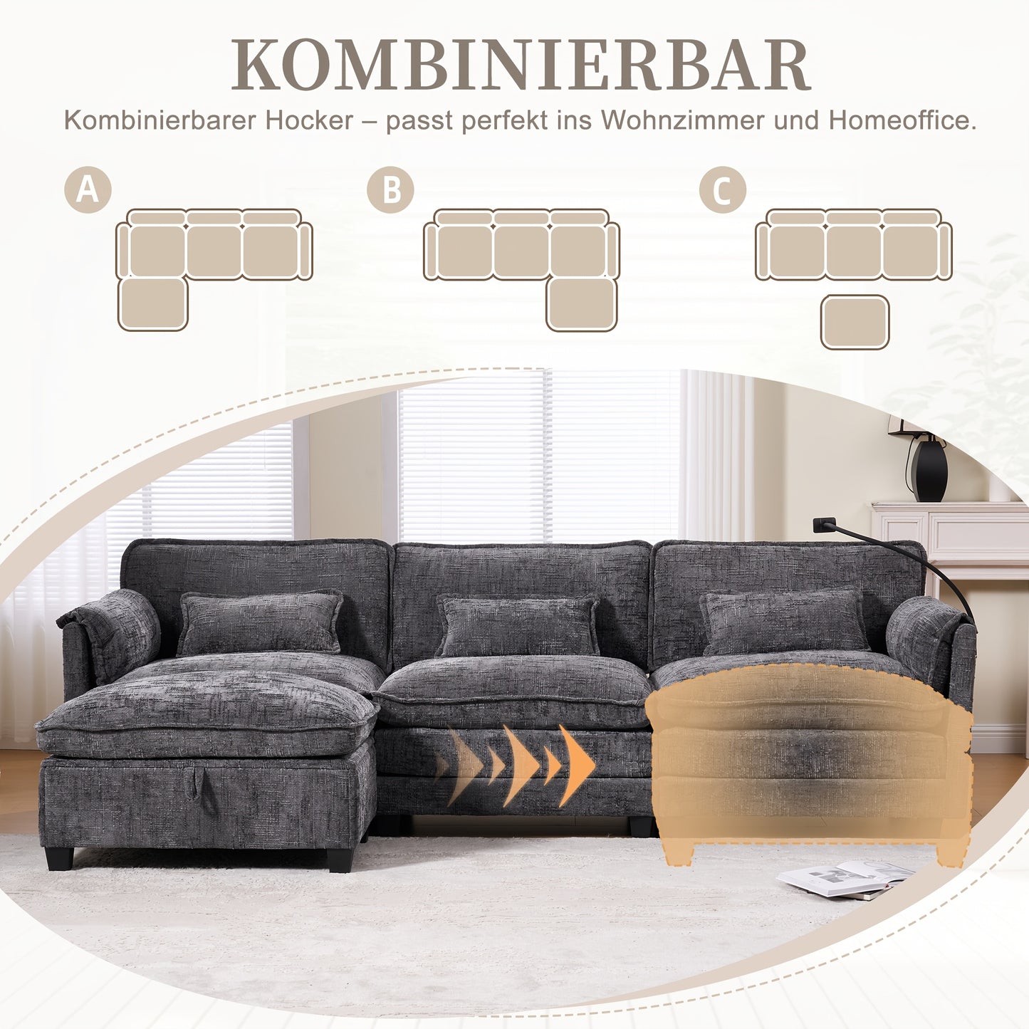 Tweezitsbank – 2-Zitsbank – Loveseat – Bankstel – Moderne Grijze Sofa – Zijvakken Voor Opbergruimte – Afneembare Ottoman – Duurzaam Bambushout