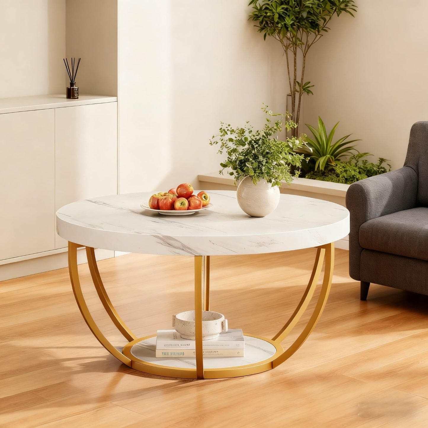 Ronde Salontafel – Cocktailtafel – Bijzettafel – Tafel – Woonkamertafel – Modern Design – Wit Marmerlook – Gouden Poten – 2-Laags Opbergruimte – Eenvoudige Montage