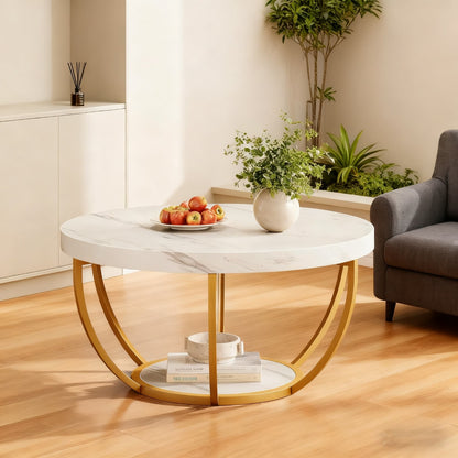 Ronde Salontafel – Cocktailtafel – Bijzettafel – Tafel – Woonkamertafel – Modern Design – Wit Marmerlook – Gouden Poten – 2-Laags Opbergruimte – Eenvoudige Montage