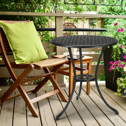 Buitentafel Rond – Bistrotafel – Tuin tafel – Balkon tafel – Terras tafel – Zwart – 60,96 cm Met Parasolgat – Gietaluminium Met Wicker Tafelblad – Weerbestendig En Stevig