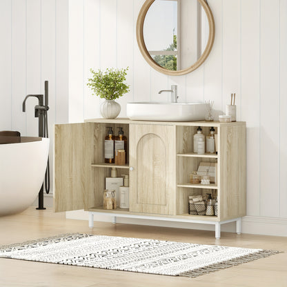 Badkamermeubel – Badkamerkast – Onderkast – Wastafelmeubel – Toiletmeubel – Licht Eiken – 2 Deuren Met Verstelbare Planken – Vochtbestendig P2 MDF Met Metalen Poten