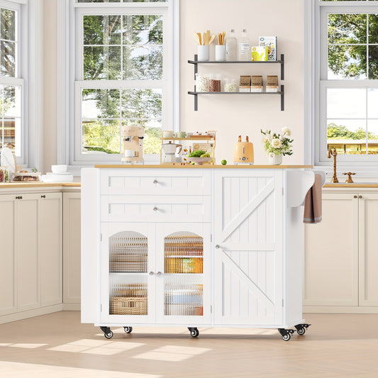Keukentrolley – Keukenwagen – Serveerwagen – Opbergtrolley – Keukenrek – Grote Opbergruimte – 110x60 cm Werkblad – Vergrendelbare 360° Wielen – Wit Hout