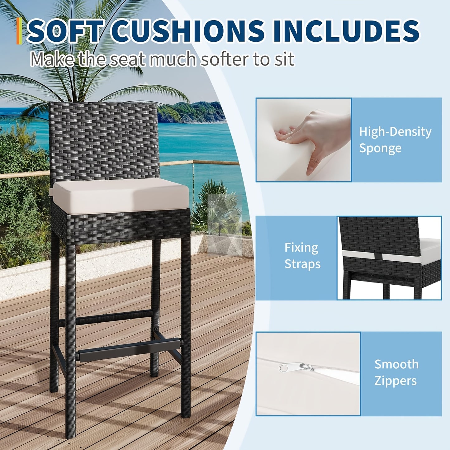 Wicker Barstoel – Tuin Barstoel – Barkruk Buiten – Rattan Barstoel – Balkon Barstoel – Set Van 2 – Weerbestendig Kunststof Rattan – Armless Comfortabele Zit