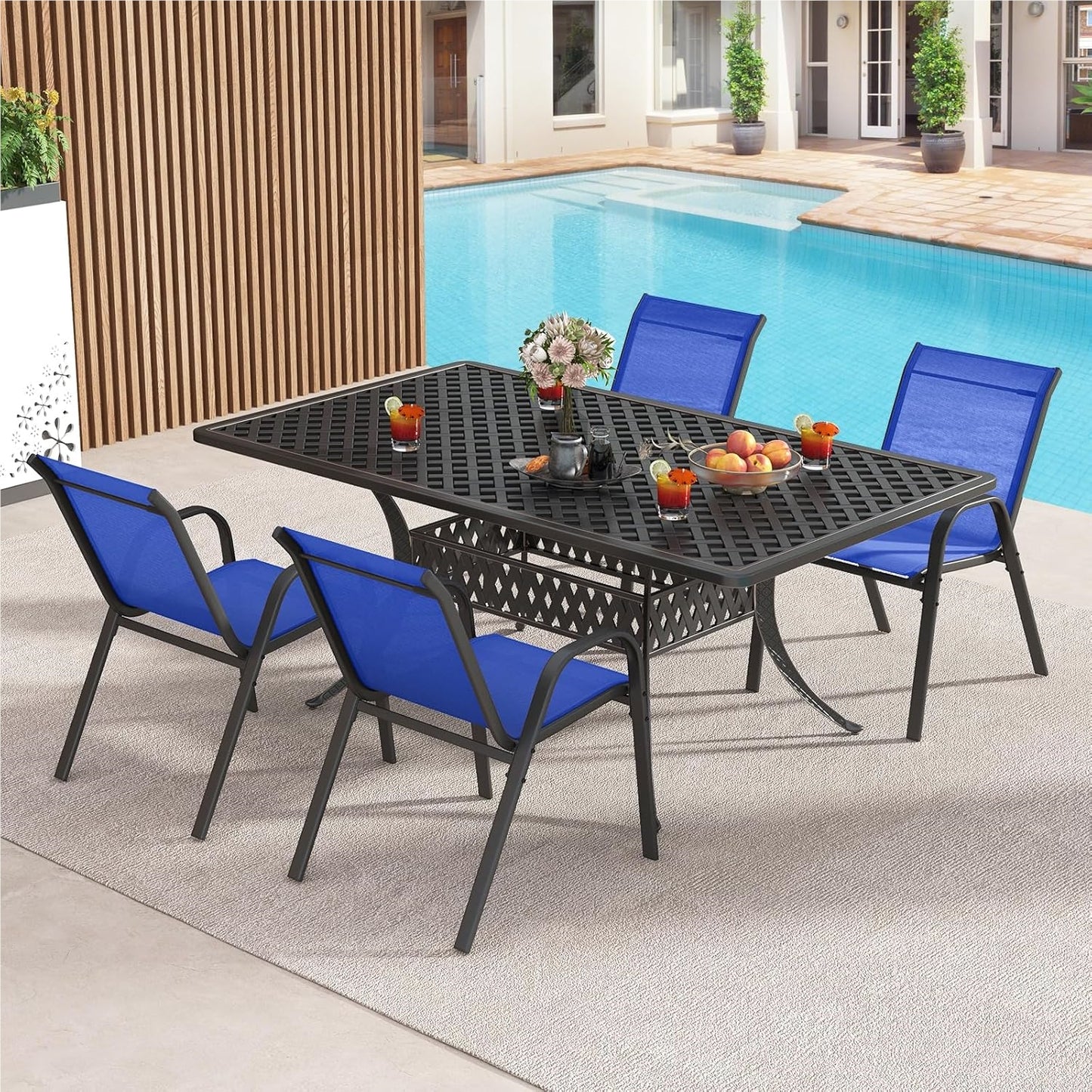 Tuinstoelen – Tuinstoel Set – Balkonstoelen – Terrasstoelen – Stapelbare Stoelen – Blauw – Weerbestendig Textiel – Metalen Frame – Belastbaar Tot 150 kg – 56x70x84 cm