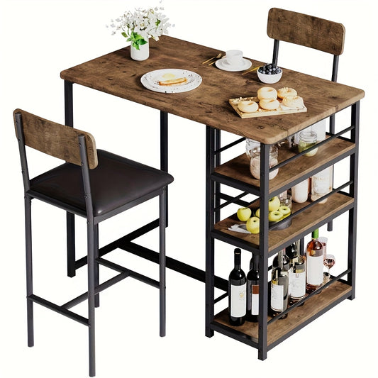 Eettafelset – Diningset – Tafel Met Krukken – Keukentafel – Ontbijthoekset – Compact Ontwerp – Hardhout & Metaal Frame – Rustiek Bruin
