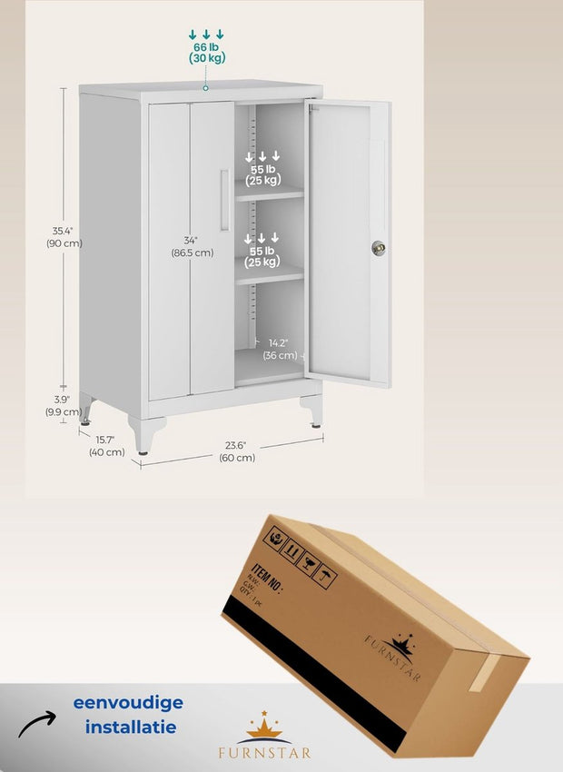Dossierkast - multifunctionele kast - kantoorkast met 2 deuren - kast afsluitbaar - opbergkast van staal - voor werkkamer - woonkamer - 40D x 60B x 90H cm - wit