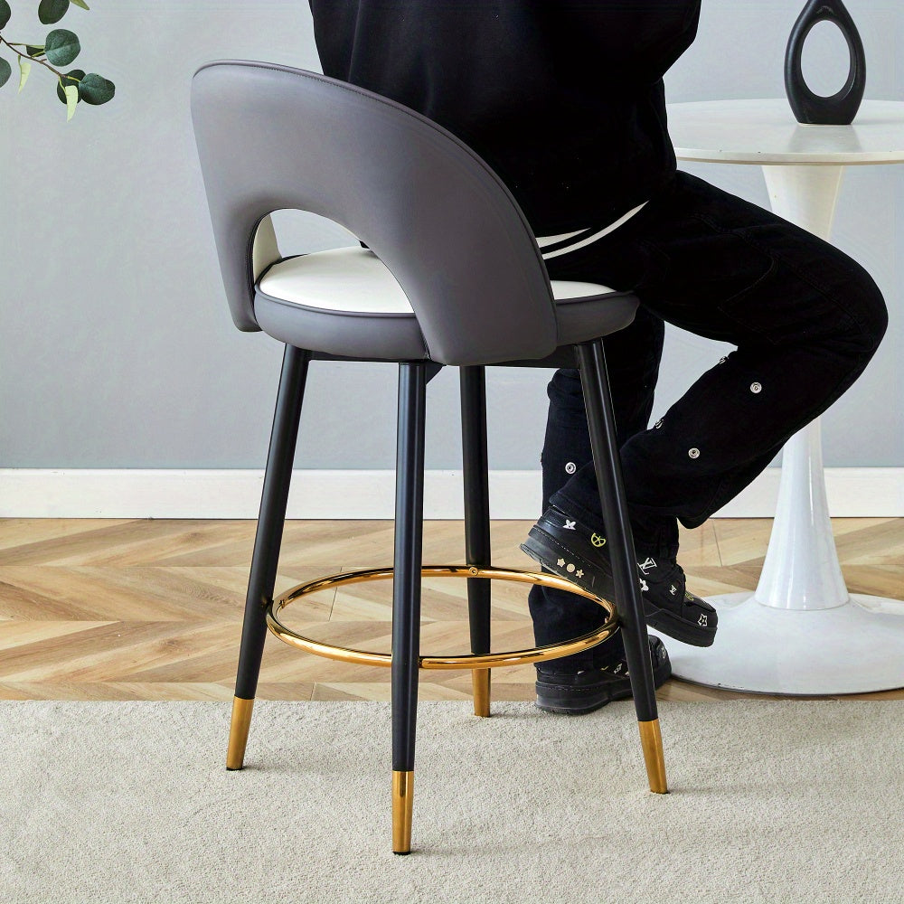 360° Draaibare Barkruk – Moderne Wit & Donkergrijs Twee-Tonen PU Kruk met Zachte Gewatteerde Zitting en Rugleuning, Eenvoudig te Monteren, Perfect voor Keuken, Eetkamer of Terras