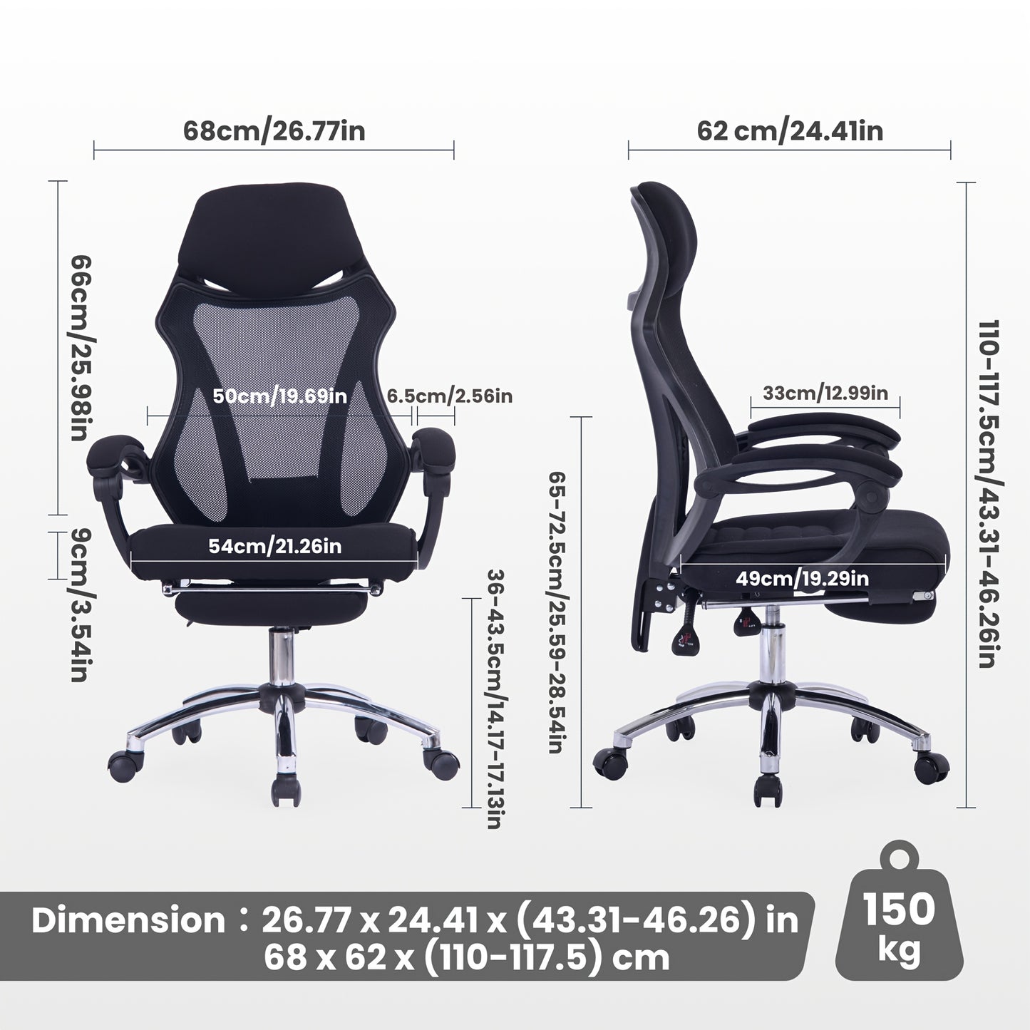Ergonomische Bureaustoel – Kantoorstoel – Bureaustoel Met Voetensteun – Werkstoel – Verstelbare Stoel – Ademend Mesh Rugleuning – Met Voetensteun – Zwart – Max 150 kg Draagkracht