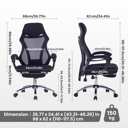 Ergonomische Bureaustoel – Kantoorstoel – Bureaustoel Met Voetensteun – Werkstoel – Verstelbare Stoel – Ademend Mesh Rugleuning – Met Voetensteun – Zwart – Max 150 kg Draagkracht