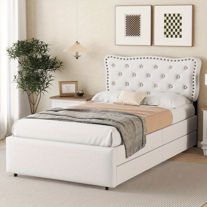 Gepolsterd Bed – Eénpersoonsbed – Slaapbed – Bedframe – Boxspring – Lichtbeige – 90x200 cm – Decoratieve Nagels – Dubbele Lade-opslag
