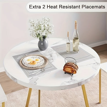 Round Dining Table Set for 2, Wood Marbled Tabletop Dining Room Table and Chairs Set for Kitchen, Dining Room, Apartment, Dinette, Breakfast
