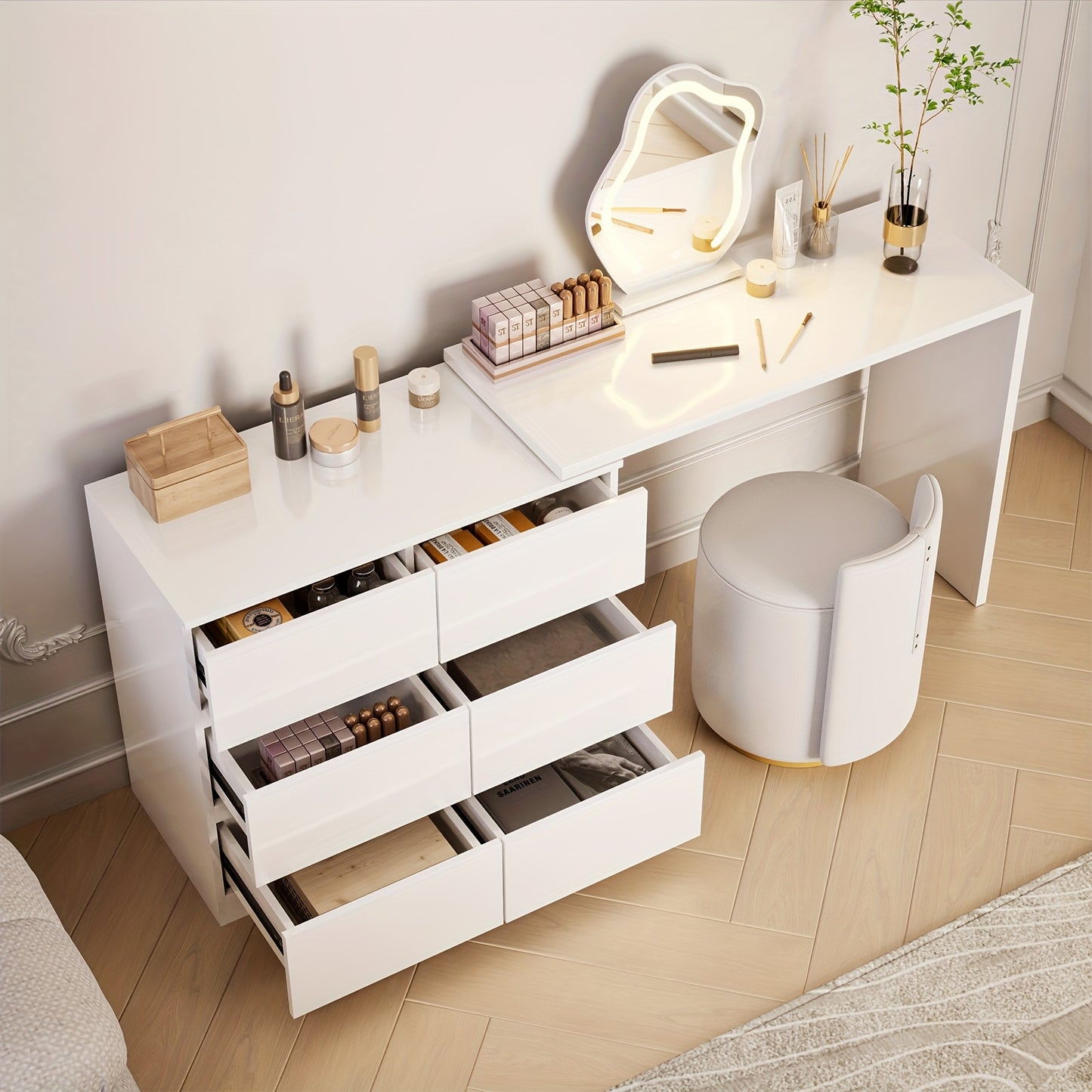 Make-up Tafel – Kaptafel – Dressing Table – Visagie Tafel – Make-up Bureau – Wit – 6 Lade Opbergruimte – Verstelbare Spiegel