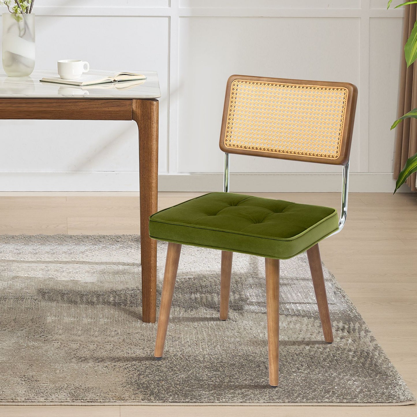 Eetkamerstoel – Stoel – Kuipstoel – Keukenstoel – Dinerstoel – Rattan Zitting – Houten Poten – Set Van 2 – Gestoffeerd – Gevlochten Rugleuning – Warm Bruin