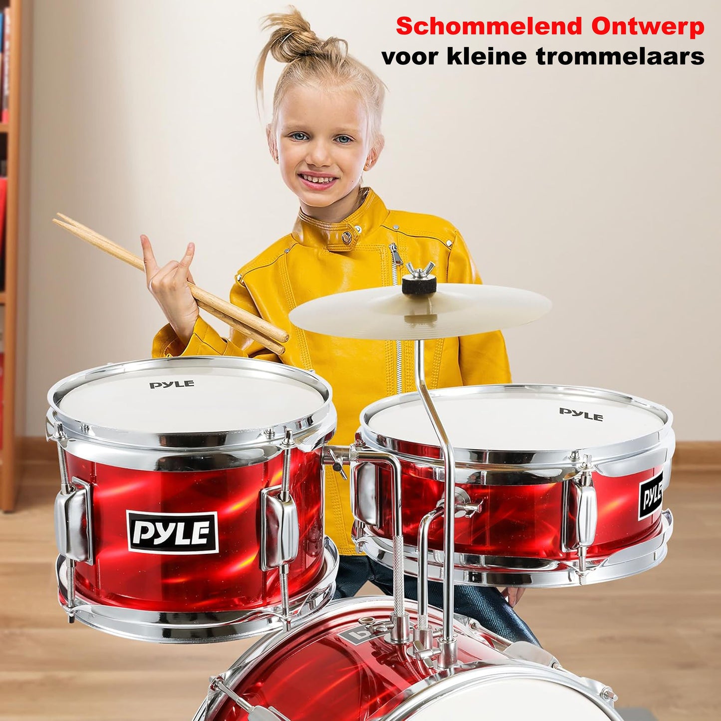 Kinder Drumstel – Kinderdrumset – Junior Drumstel – Beginners Drumkit – Kids Drums – Verstelbare Kruk – Inclusief Demppads – Rood Metallic
