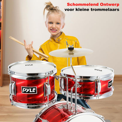 Kinder Drumstel – Kinderdrumset – Junior Drumstel – Beginners Drumkit – Kids Drums – Verstelbare Kruk – Inclusief Demppads – Rood Metallic