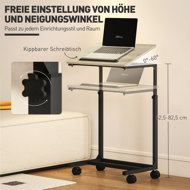 Verstelbare Bijzettafel – C-Vormige Tafel – Mobiele Salontafel – Rollende Laptoptafel – Compacte Kar – Metalen Frame – Verstelbare Hoogte 62,5-82,5 cm