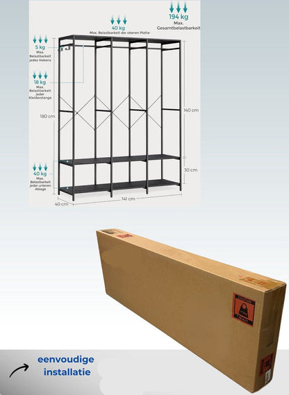 Kledinghangers - Kledingrek Metaal - Schoenenrek - Kledingkasten Slaapkamer - 40 x 141 x 180 cm - Kledingrek Zwart