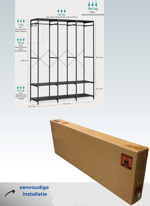 Kledinghangers - Kledingrek Metaal - Schoenenrek - Kledingkasten Slaapkamer - 40 x 141 x 180 cm - Kledingrek Zwart