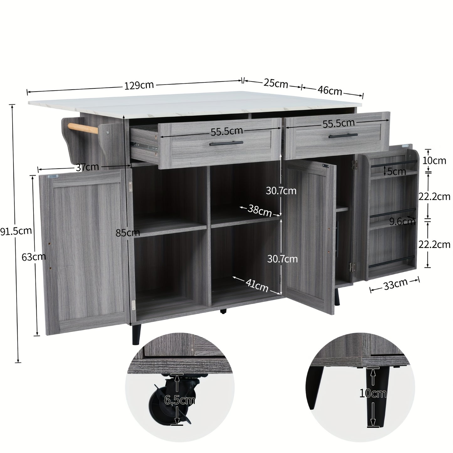Eettafelkar – Dressoir – Opbergkast – Keukenwagen – Serveerwagen – Uitbreidbaar Marmeren Blad – Mobiel Met Wielen – Khaki Grijs Houtnerf – Massief Houten Poten
