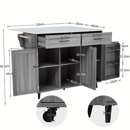 Eettafelkar – Dressoir – Opbergkast – Keukenwagen – Serveerwagen – Uitbreidbaar Marmeren Blad – Mobiel Met Wielen – Khaki Grijs Houtnerf – Massief Houten Poten